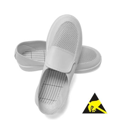 Giày an toàn chống tĩnh điện ESD cho nhà xưởng/phòng sạch được kiểm soát tĩnh điện Kiểu 	 Giày lưới ESD Màu sắc 	 Da PVC trắng (Có thể chọn xanh đậm, xanh nhạt, trắng cho Canvas Upper) Đế giữa chống thủng 	 KHÔNG ESD 	 Đúng Đế ngoài 	 PU chống tĩnh điện (PVC cho các tùy chọn) Thượng 	 Da PVC (Có sẵn Canvas) Kích thước có sẵn 	 220-300mm Có thể giặt được 	 Đúng Sức đề kháng của hệ thống 	 10e7~10e9 Ôm Ứng dụng 	 Bảo vệ ESD, trang phục làm việc, Không thể hấp tiệt trùng Đặc trưng 	 1, Điện trở trong khoảng 106 ~ 109Ohms, nó cung cấp sự tiếp xúc điện liên tục của bàn chân với mặt đất theo yêu cầu của tiêu chuẩn ESD. 2, Không có bụi, ngăn chặn bụi phát sinh hiệu quả 3, Đế giữa không thể hấp tiệt trùng, không chống thủng 4, Lưới phía trên, thoáng khí hơn 5, Có thể giặt và chống mài mòn, có thể sử dụng trong nhiều môi trường 6, Logo ESD đế ngoài/Kích thước/Thông tin xuất xứ Trung Quốc được đúc Lưu ý bảo trì 	 1. Làm sạch bằng nước ấm (dưới 40°C) và bàn chải mềm. 2. Giặt bằng chất tẩy rửa trung tính. 3. Phơi khô nơi thoáng mát, tránh ánh nắng trực tiếp. 4. Để giày ở nơi thoáng mát và lót vải hoặc giấy mềm vào.